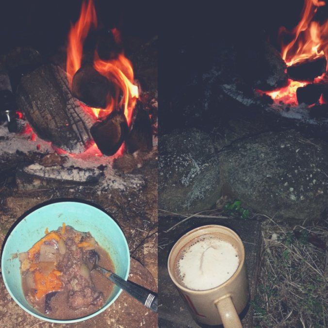 Hot stew, hot chocolate with marshmallows, and a fire to warm us up